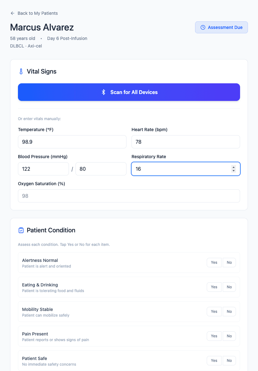 A bedside patient assessment — guided vitals capture and condition checks.